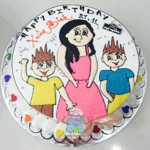 Bánh kem hình một cô gái váy hồng và hai cậu trai hoạt họa dễ thương, ngộ nghĩnh theo kỹ thuật bắt kem chấm tròn dành tặng dịp sinh nhật hình tròn
