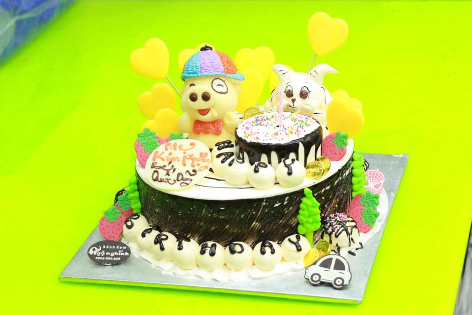 Bánh kem sinh nhật màu xanh hình con mèo và con dê cùng những họa tiết dễ  thương cho bé trai và bé gái  Bánh Thiên Thần  Chuyên nhận đặt