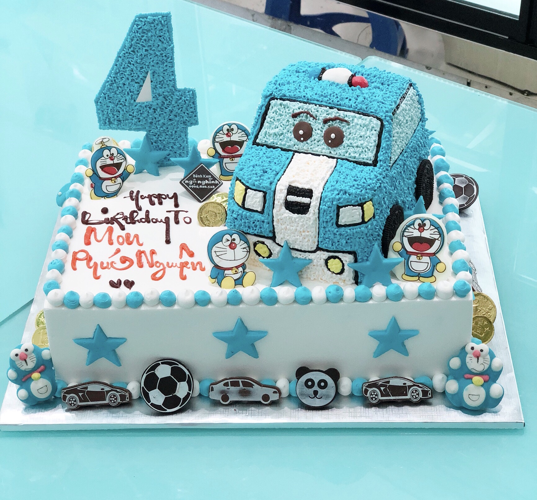 Bánh sinh nhật tạo hình 3d xe cảnh sát màu xanh gắn doremon siêu ...