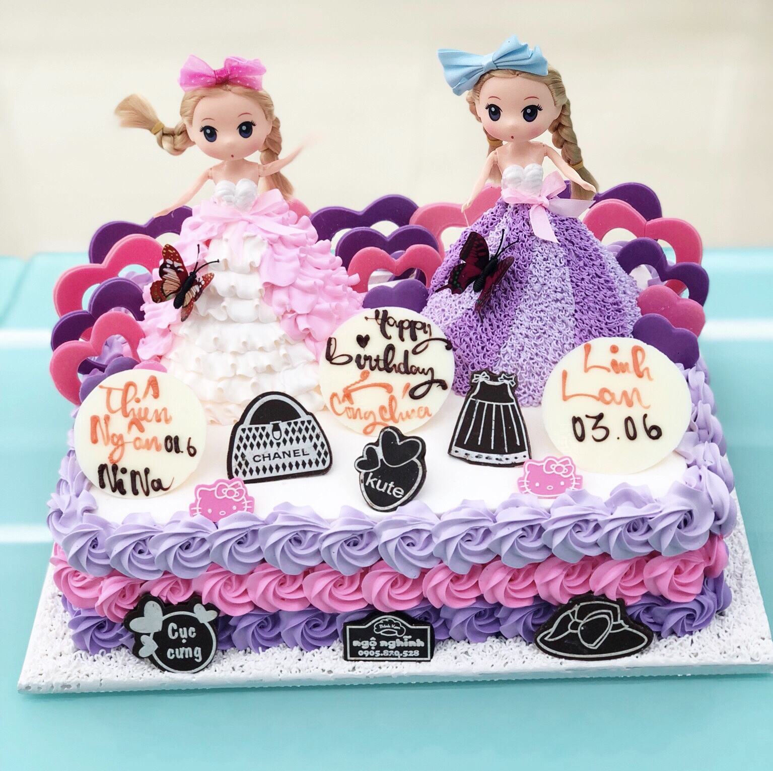 Bánh sinh nhật tạo hình công chúa chibi màu tím và màu hồng dễ ...