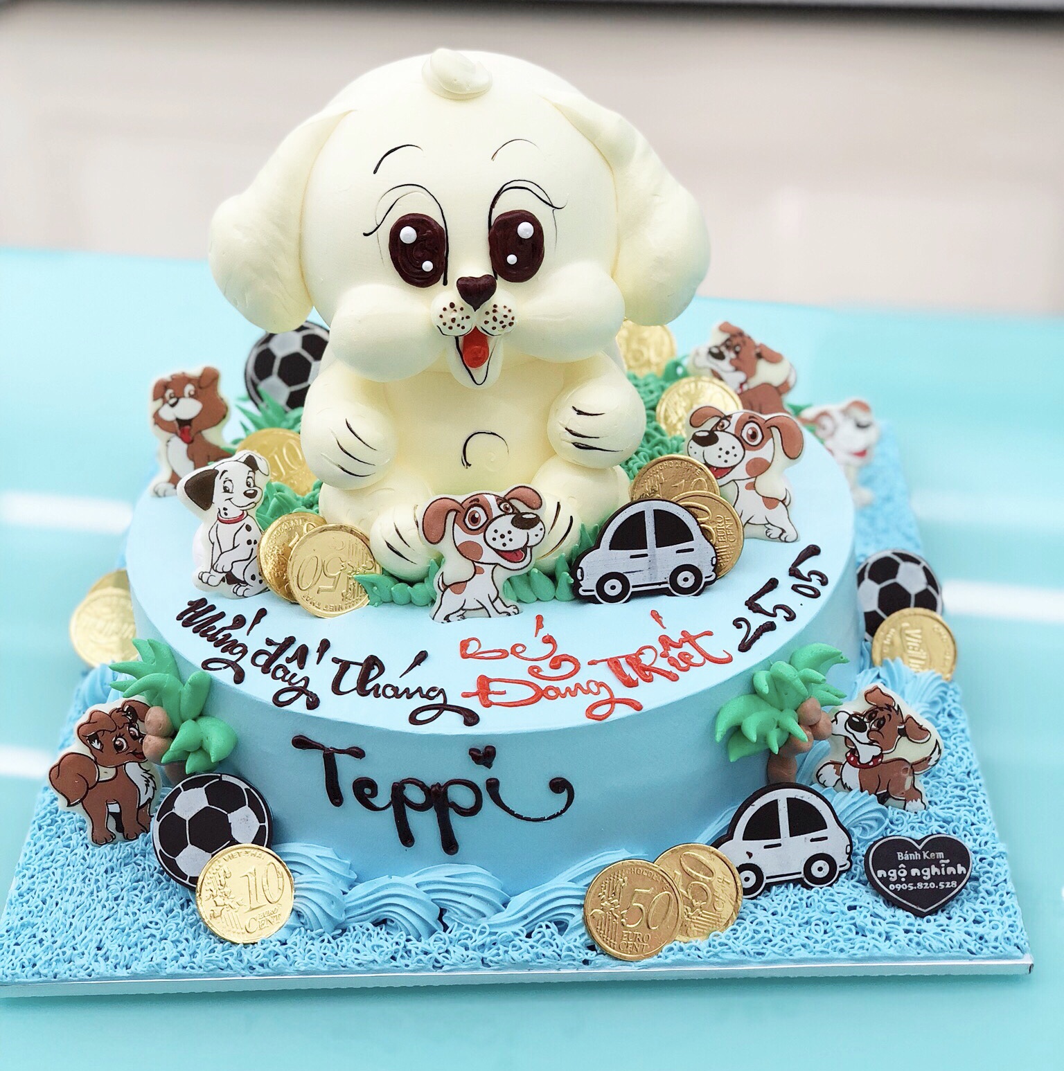 Bánh sinh nhật, đầy tháng vẽ hình con chó dễ thương cho bé tuổi tuất MS  V-0068 - Tiệm Bánh Chon Chon