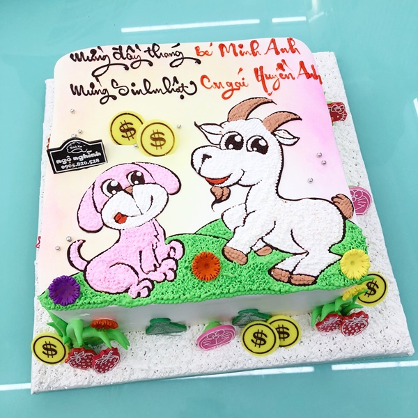 Bánh sinh nhật hình con dê tuổi Mùi và con chó tuổi Tuất là một lựa chọn tuyệt vời cho bữa tiệc sinh nhật của con bạn! Với một thiết kế đáng yêu và chất lượng tuyệt vời, chiếc bánh này sẽ làm cho con bạn cảm thấy hạnh phúc và thỏa mãn.