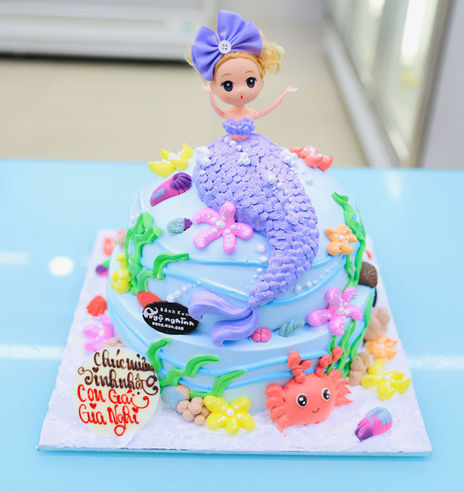 Bánh sinh nhật tạo hình 3d nàng tiên cá chibi tím trang trí dễ ...